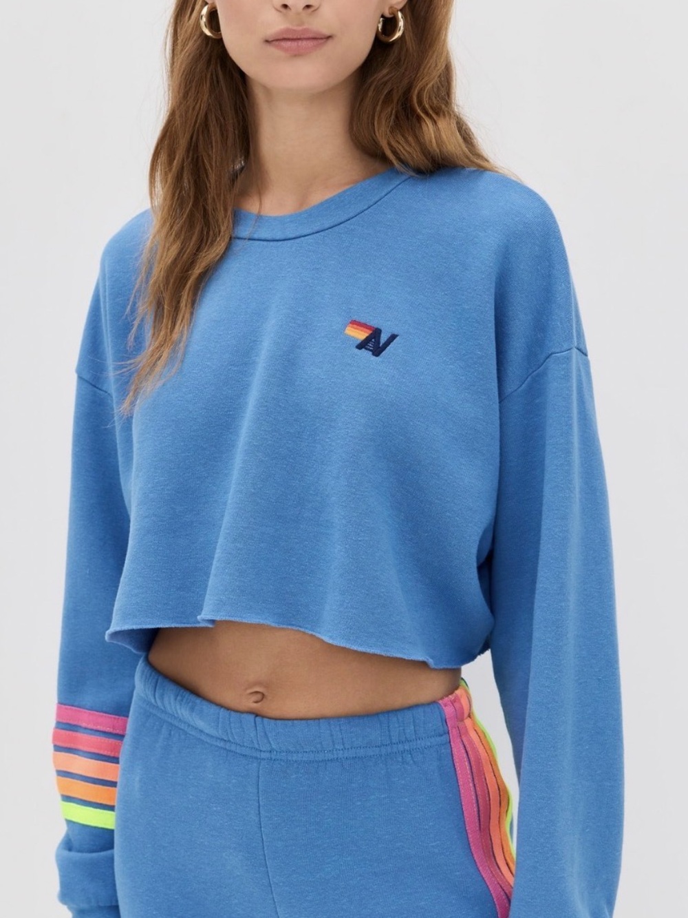 Aviator Nation Relaxed Rugby Stitch Sky Blue Cropped Crewneck